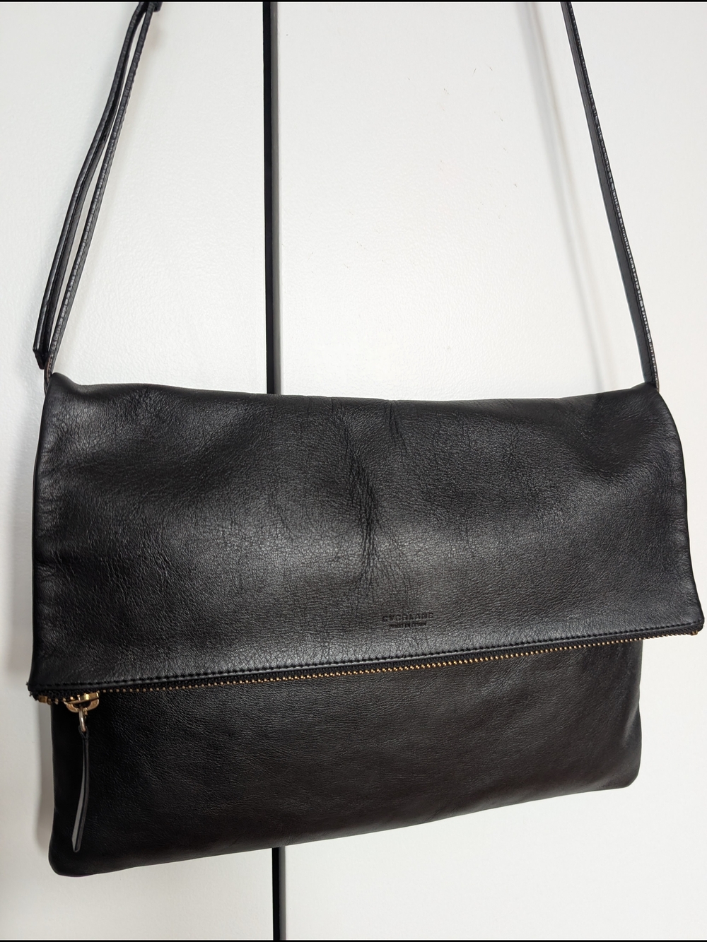 Everlane Black Leather Fold-Over Crossbody Bag - Minimal Shoulder Purse
